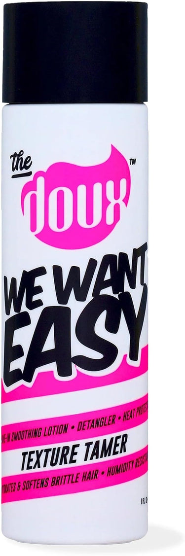 Tube of 'The Doux' We Want Easy Texture Tamer with black cap and pink and white label.